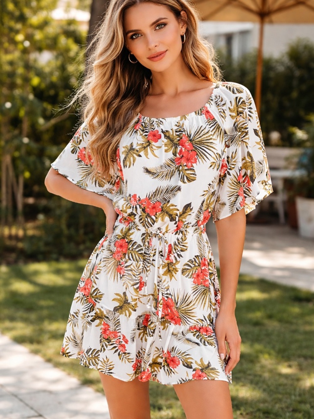 White Tropical Floral Short Dress